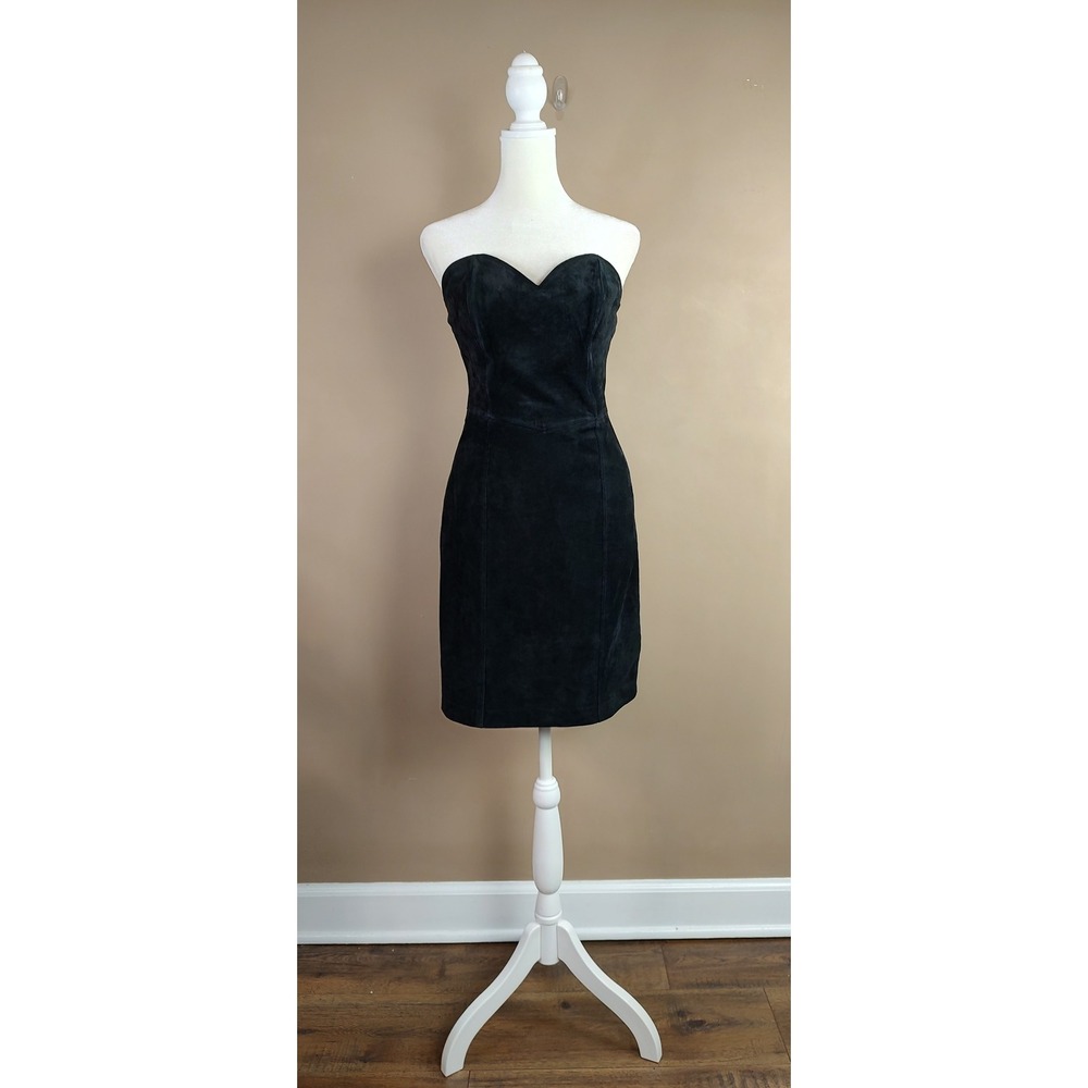 Trumps Sport Vintage Black Suede Leather Strapless Mini Dress Ruffle Hem Size 9